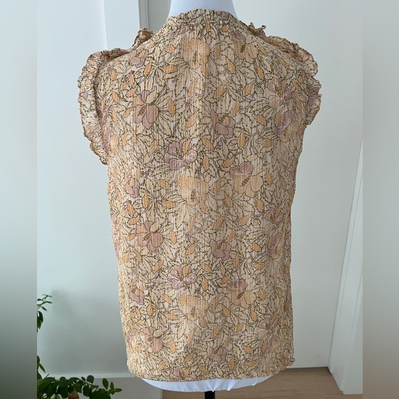 REBECCA TAYLOR Sleeveless Lined Pullover Blouse Ruffle Floral Crinkle Metallic - Picture 3 of 16